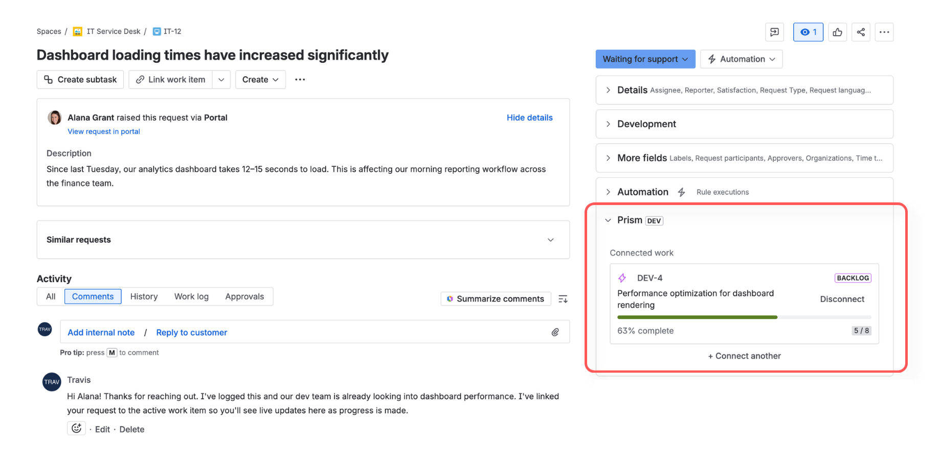No more digging through dev boards. Agents connect requests to the work being done and see exactly where things stand — right inside JSM.