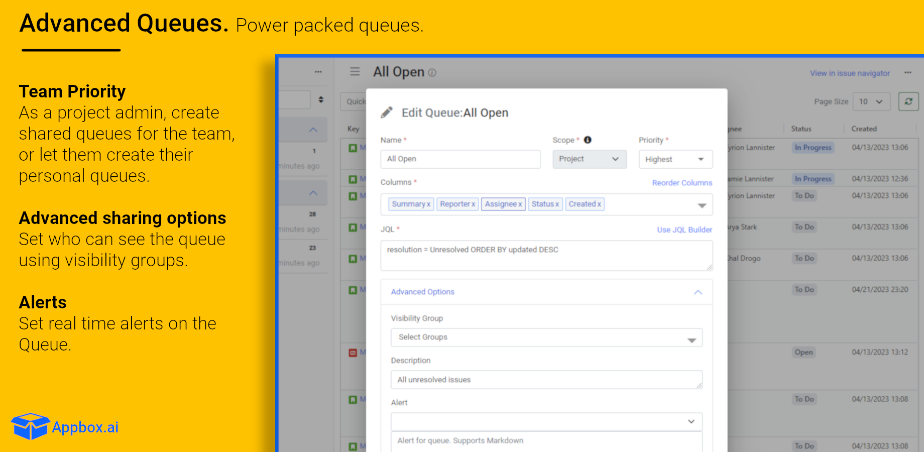 By creating & sharing queues that extend across multiple projects, your team can monitor the most pertinent items. These can be configured with alerts & prioritized to ensure that the most crucial tasks are picked first
