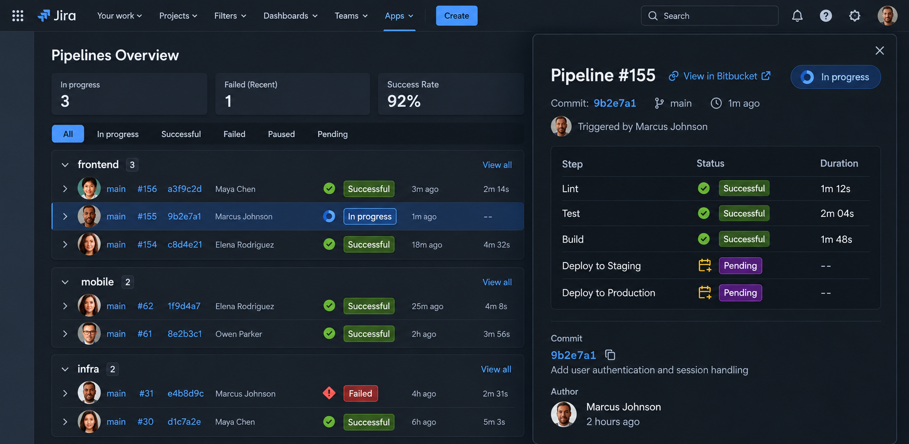 Expanded pipeline details show each build step, its status, and duration, with a direct link to the corresponding pipeline in Bitbucket.