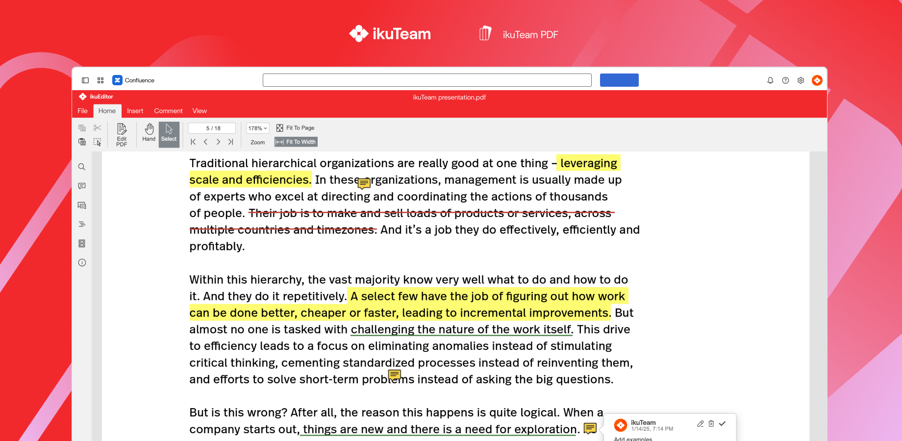 Add highlights, underlines, cross-outs, freehand drawings, and comments to PDFs in Confluence.