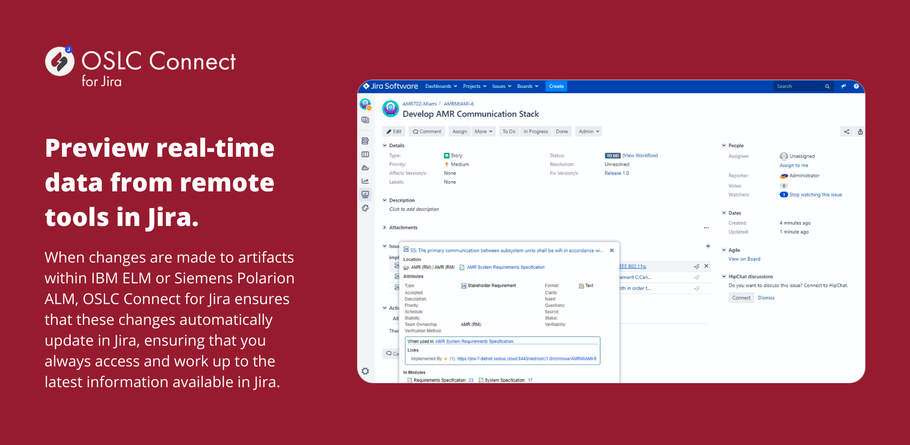 Add links to IBM ELM or Siemens Polarion ALM assets in Jira. Hover on the link to preview the content of the asset. You can navigate to assets in the authoring tool by clicking on the link.