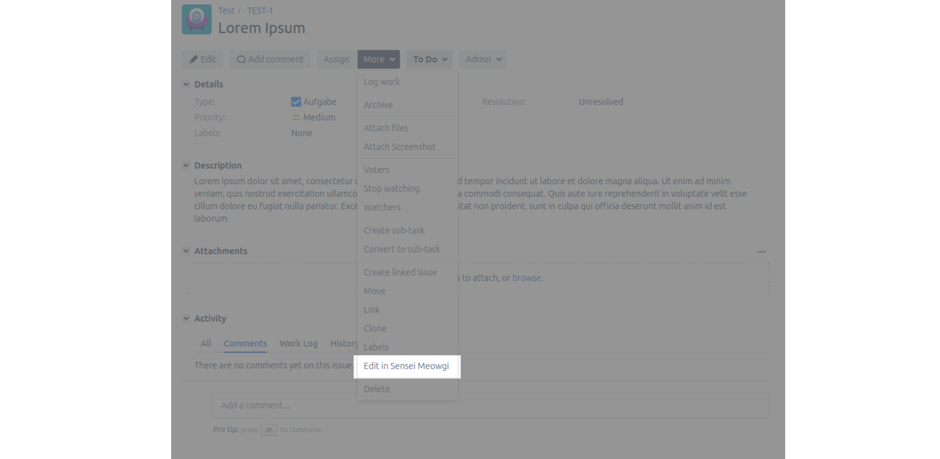 In the ticket overview, select "Edit in Sensei Meowgi" from the "More" menu.
