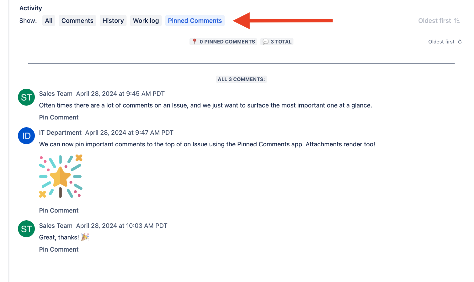 Use a dedicated Issue Activity to manage pins