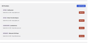 Git Providers settings with four connected providers: GitHub, GitLab, Azure DevOps, and Bitbucket — all managed from a single configuration page