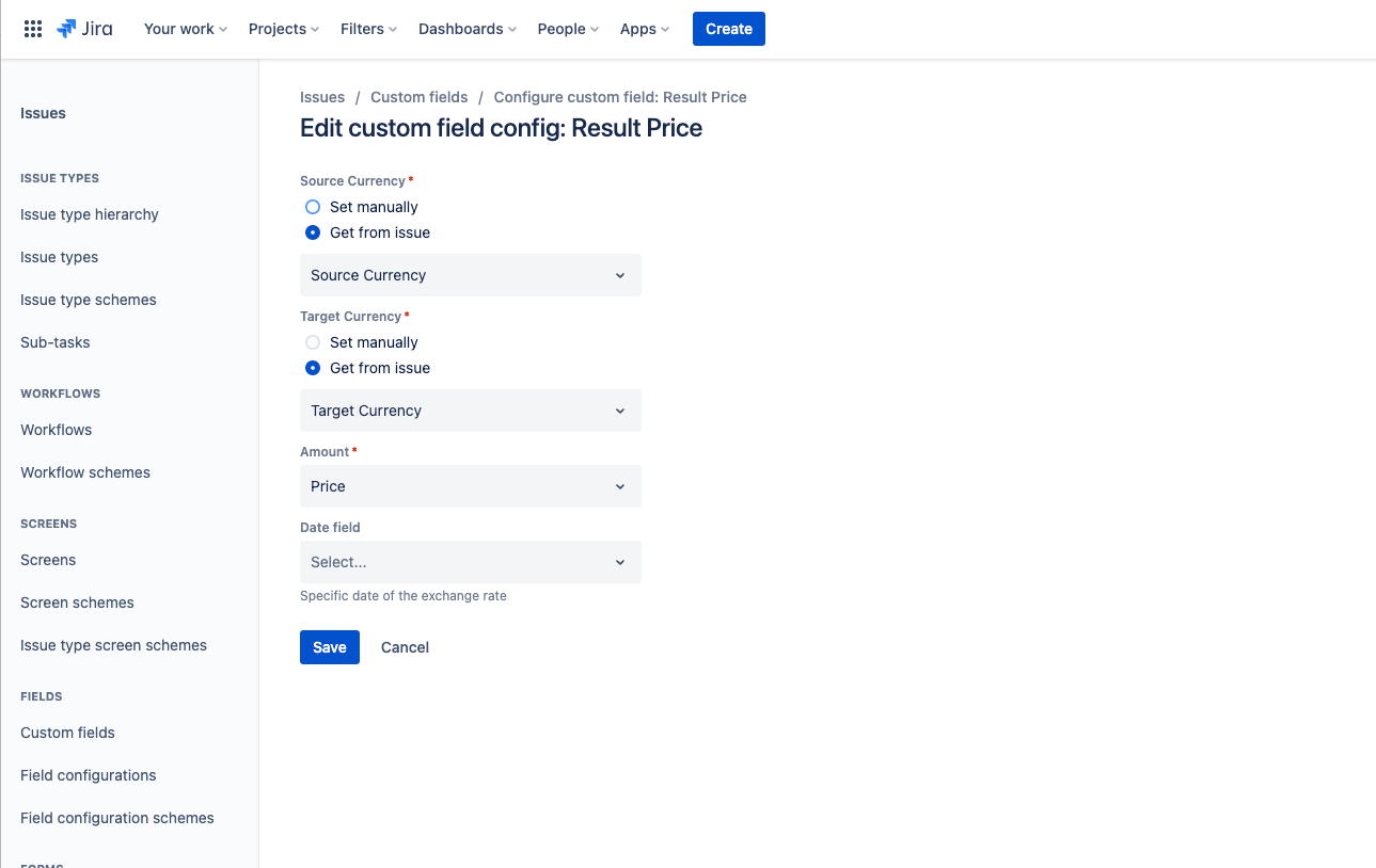In this example, we get source currency from the Source Currency field and target currency from the Target Currency field. An amount is getting from Price field.