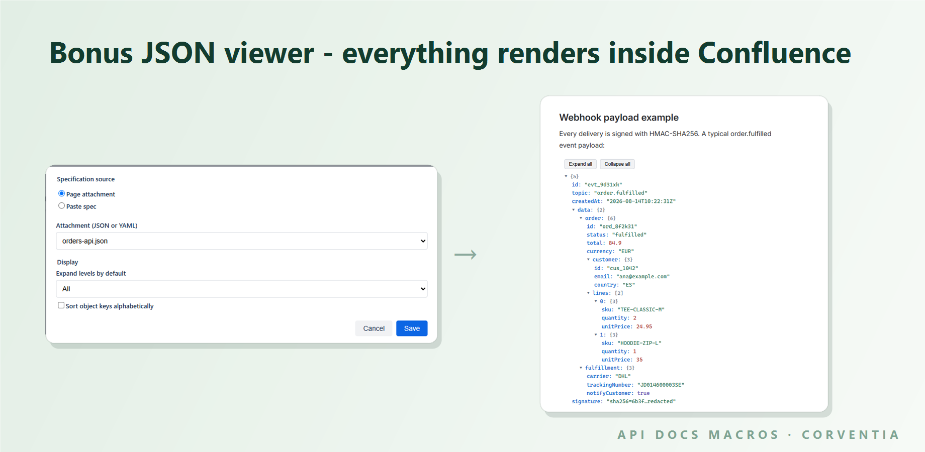 JSON Viewer: a webhook payload as a collapsible tree with type colors and size badges. Choose the levels expanded by default and sort keys alphabetically from the macro config.