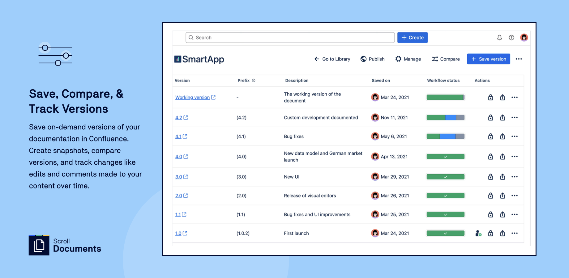 Save on-demand versions of your documentation in Confluence. Create snapshots, compare versions, and track changes like edits and comments made to your content over time.