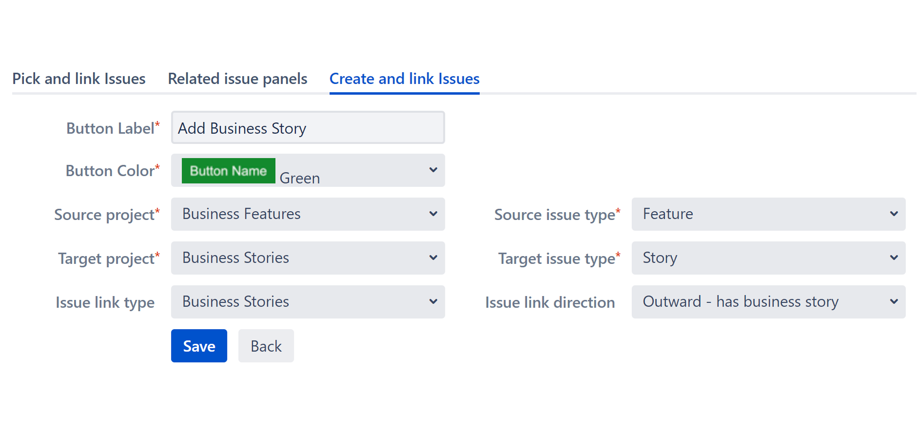 Create and Link Issues - Button Configuration