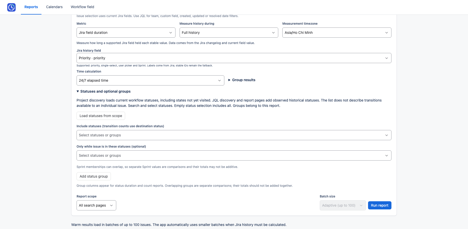Jira field-duration setup on controlled DEMO data, using Priority history from Jira changelog with optional status restriction.