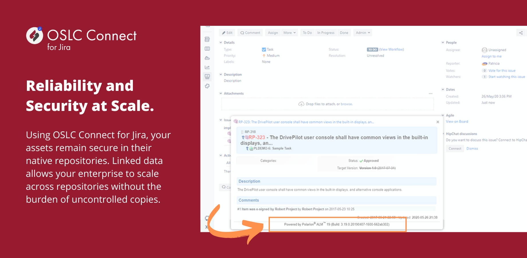 OSLC Connect for Jira connects the portfolio of artifacts across the lifecycle stages. Create links across repositories and view authorized data from remote repositories in previews.