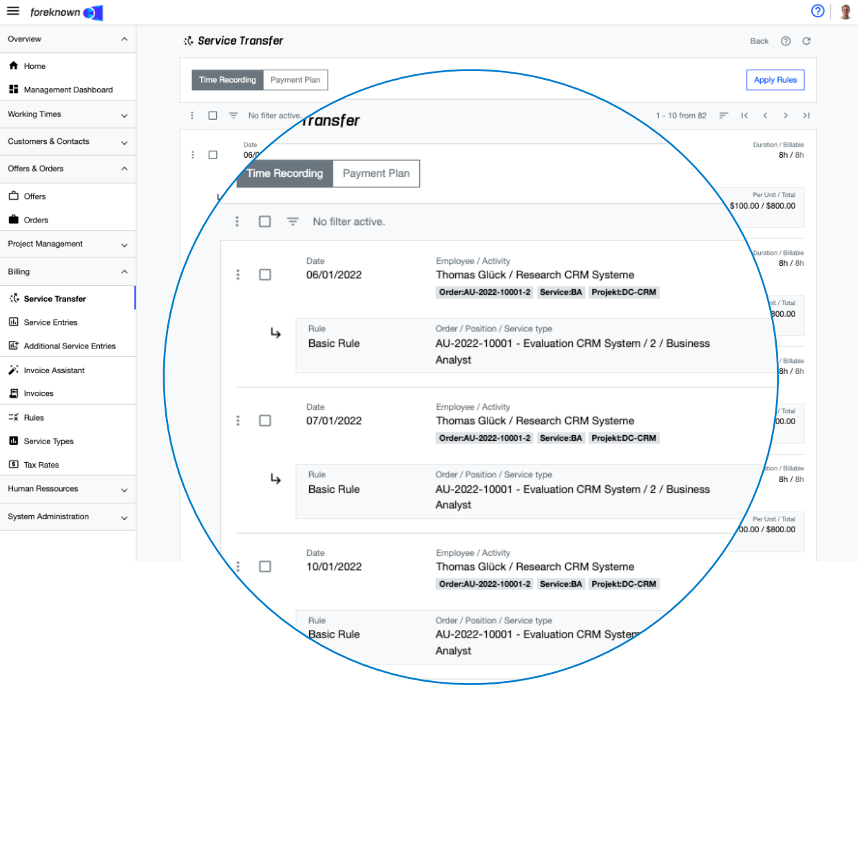 All worklogs will be transformed into billable or not billable services, which are listed in the service transfer dialog. Project managers can check all generated services, make changes and finally confirm them.