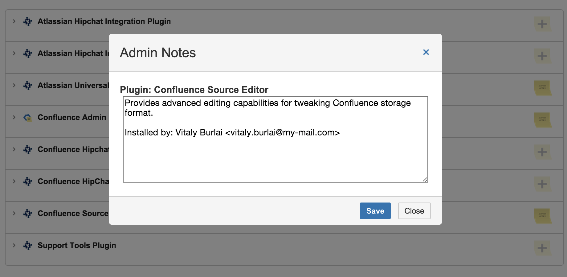 Confluence Admin Notes dialog