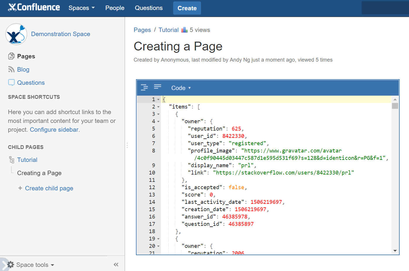 Embed JSON Objects to Confluence page