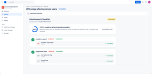 Attachment Checklist on a Jira issue: 2 of 3 required items complete, each item listing its uploaded files. The workflow gate stays closed until required attachments are in.