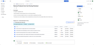 View AI-generated test cases in a structured table. Review or reject individually, or use multi-select to approve and add to Zephyr, reject in bulk, or export to CSV.