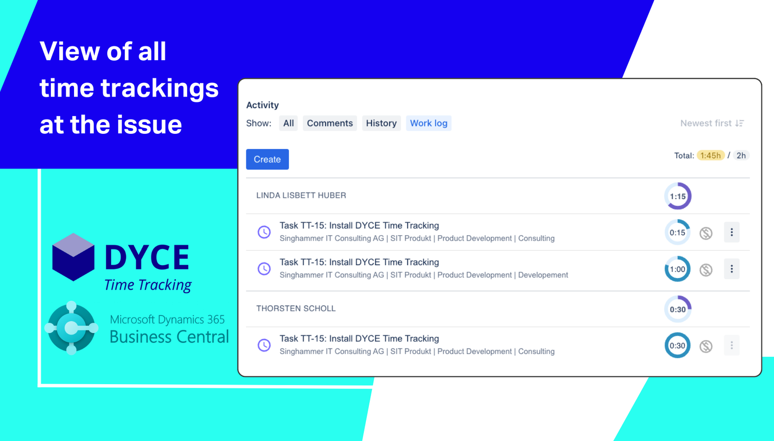 All time recordings shown in 'Work Log' list from all users per issue.