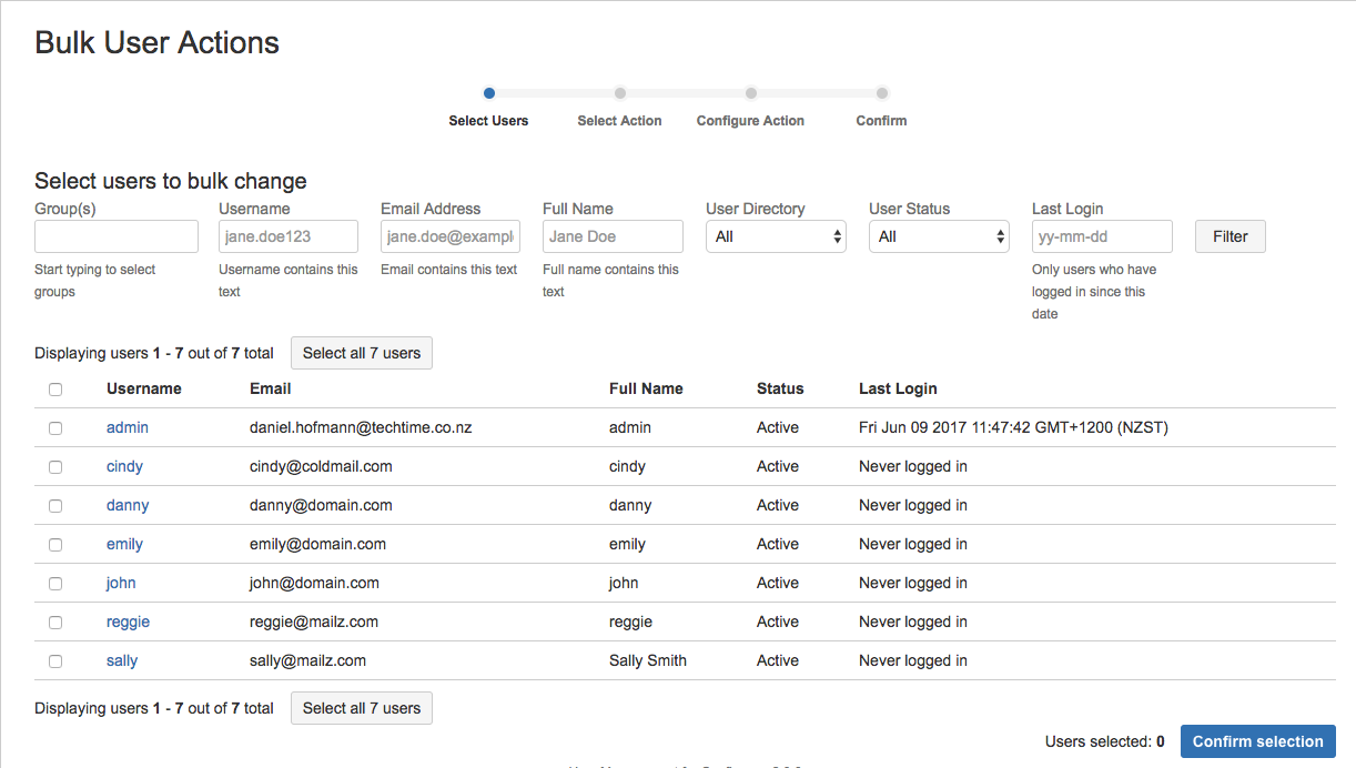 Select users screen in Bulk User Actions