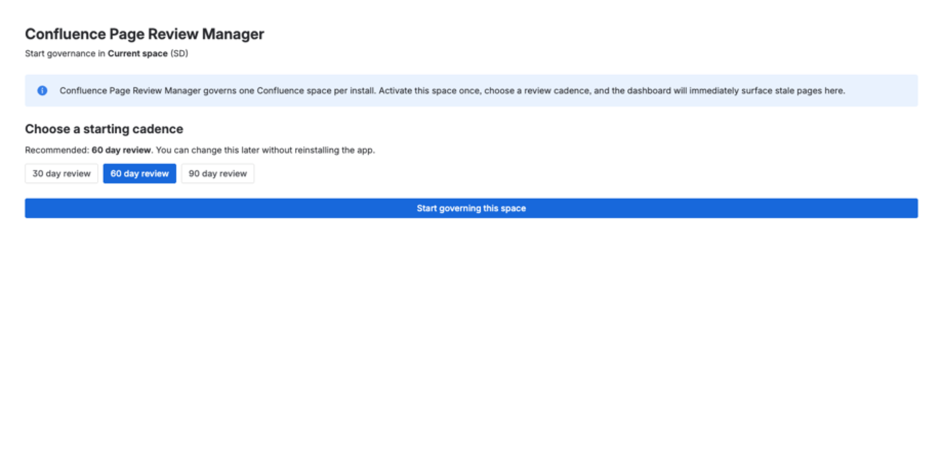 Activation onboarding in a fresh governed Confluence space