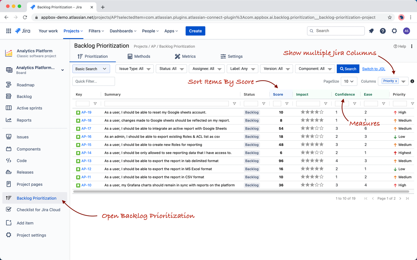 Searching, sorting, pagination - load custom columns. JQL Editor to load issues. Quick Filters.