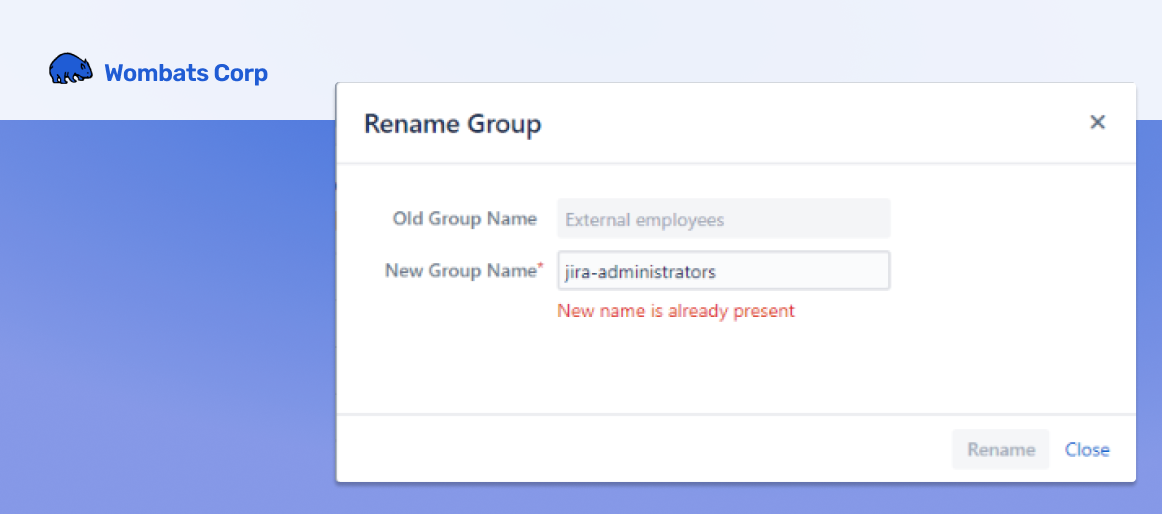 Renaming errors are clearly shown, keeping group management safe and reliable