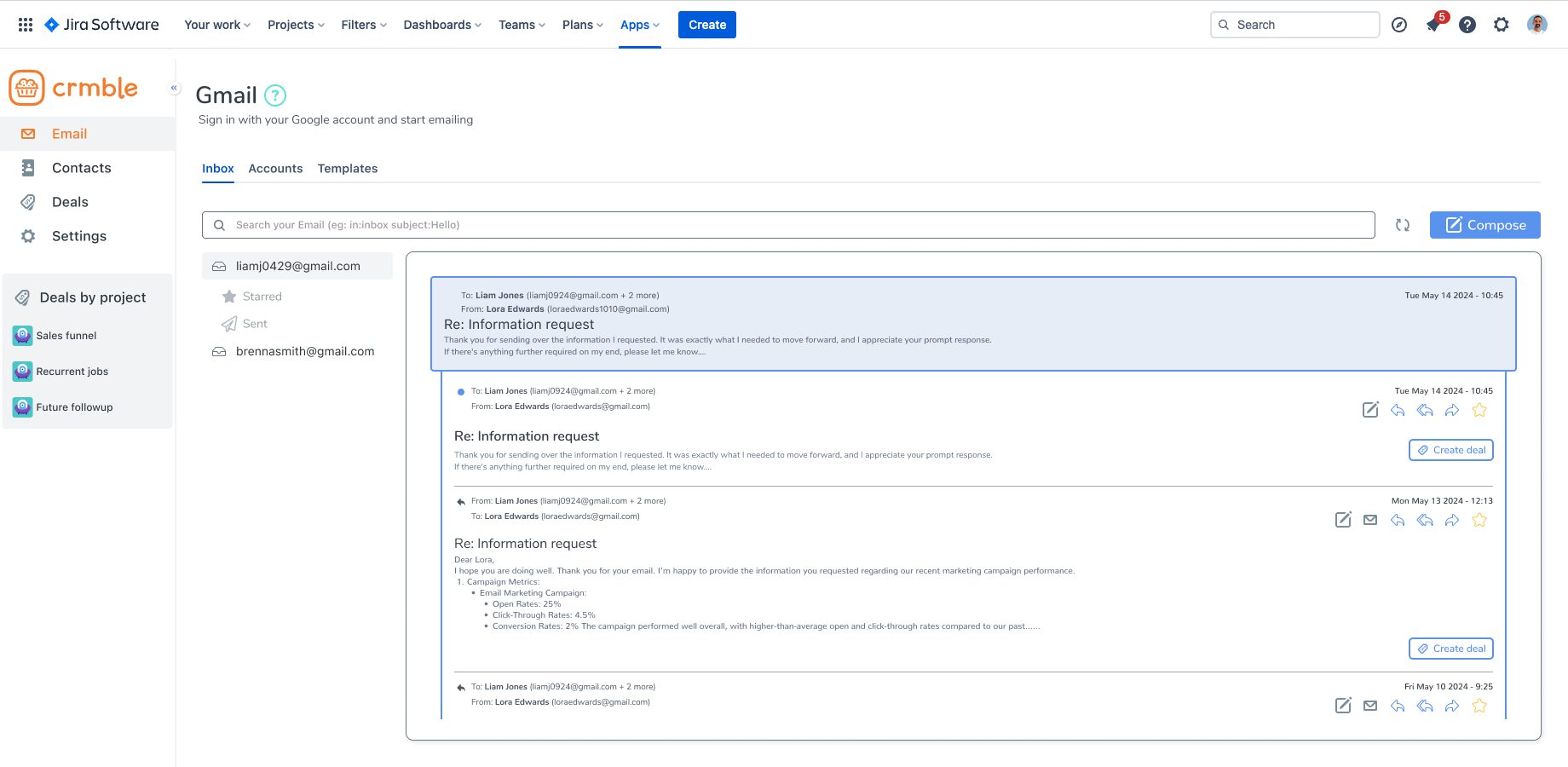 Crmble organizes your email inbox by conversations, allowing you to reply, reply all, or forward messages directly. Actions in Crmble sync with your email server, and actions on your email server are reflected in Crmble.