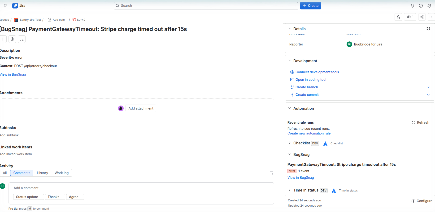 A Jira issue created from a BugSnag error, with the BugSnag panel beside it.