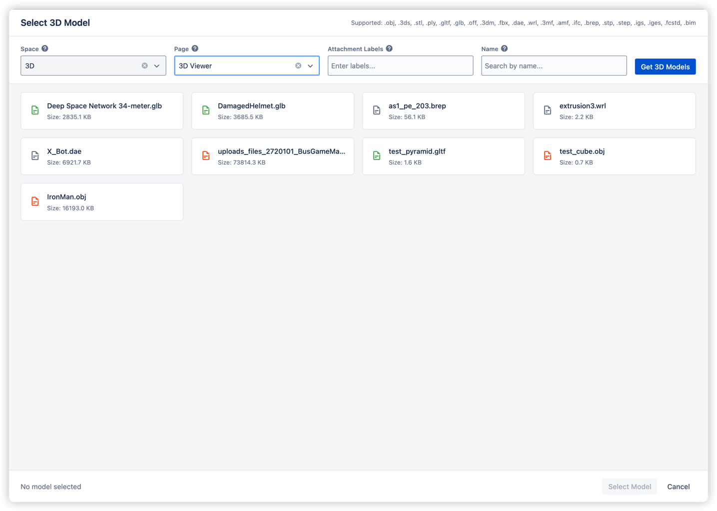 Model selection dialog with filter options for space, page, labels, and name search. Displays all compatible 3D models with file icons and sizes. Supports 20+ formats including GLB, STL, OBJ, IFC, BREP, and more.