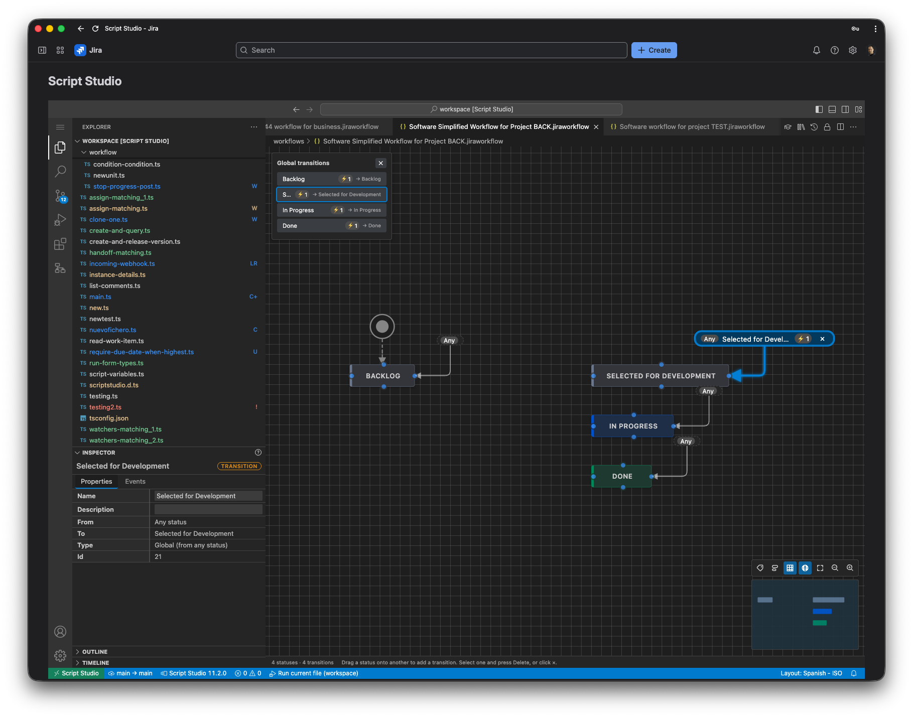 A Jira workflow in Script Studio: a transition with a TypeScript validator or post function, same workspace as the editor.