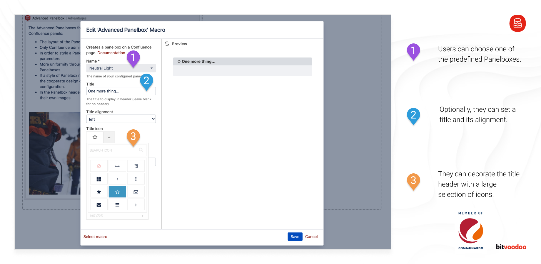 1) Users can choose one of the predefined Panelboxes. 2) Optionally, they can set a title and its alignment. 3) They can decorate the title header with a large selection of icons.