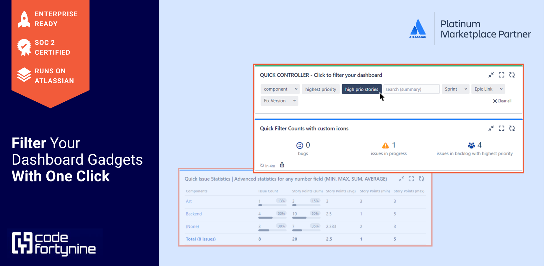 ✅ Build interactive Jira dashboards with advanced gadgets without the help of an admin. 

🔎 Create powerful filters in your Quick Controller and filter issues on your dashboard gadgets with one click.