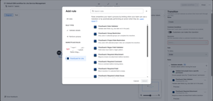 Add FlowGuard validators directly from the workflow editor to enforce field, date, attachment, comment, group, role, and linked-issue requirements.