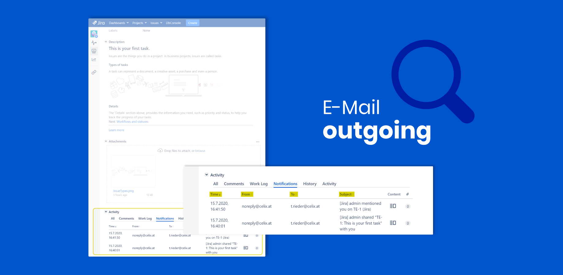 Notification tab displaying all outgoing mails for viewed issue.