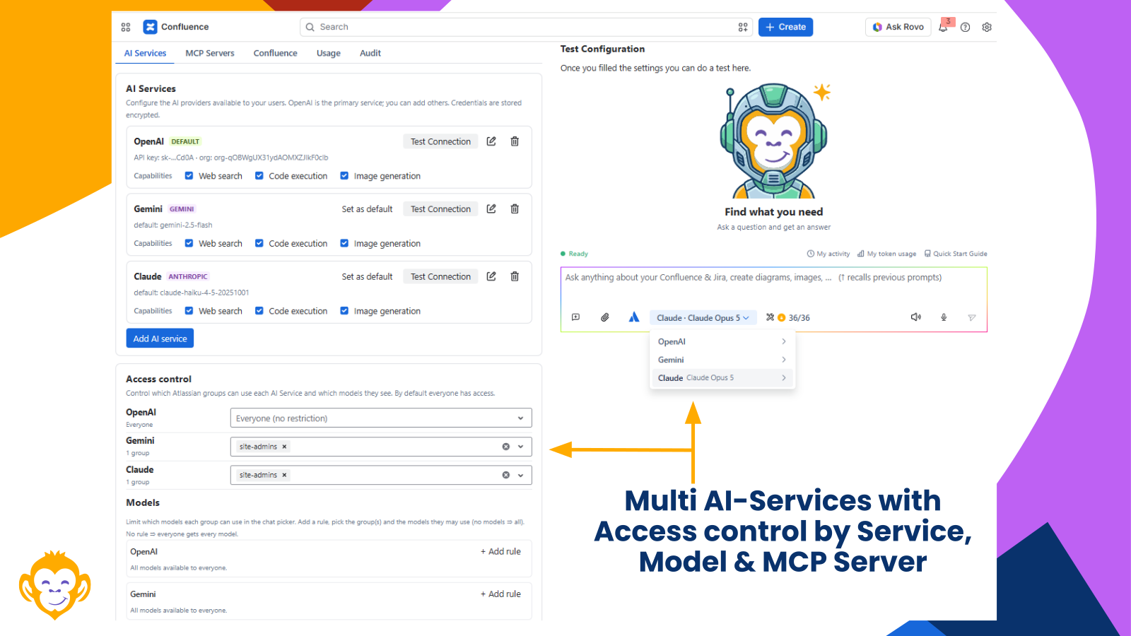 Admins configure several AI services and models, then restrict each one to specific groups. Users only see what they're allowed to use.