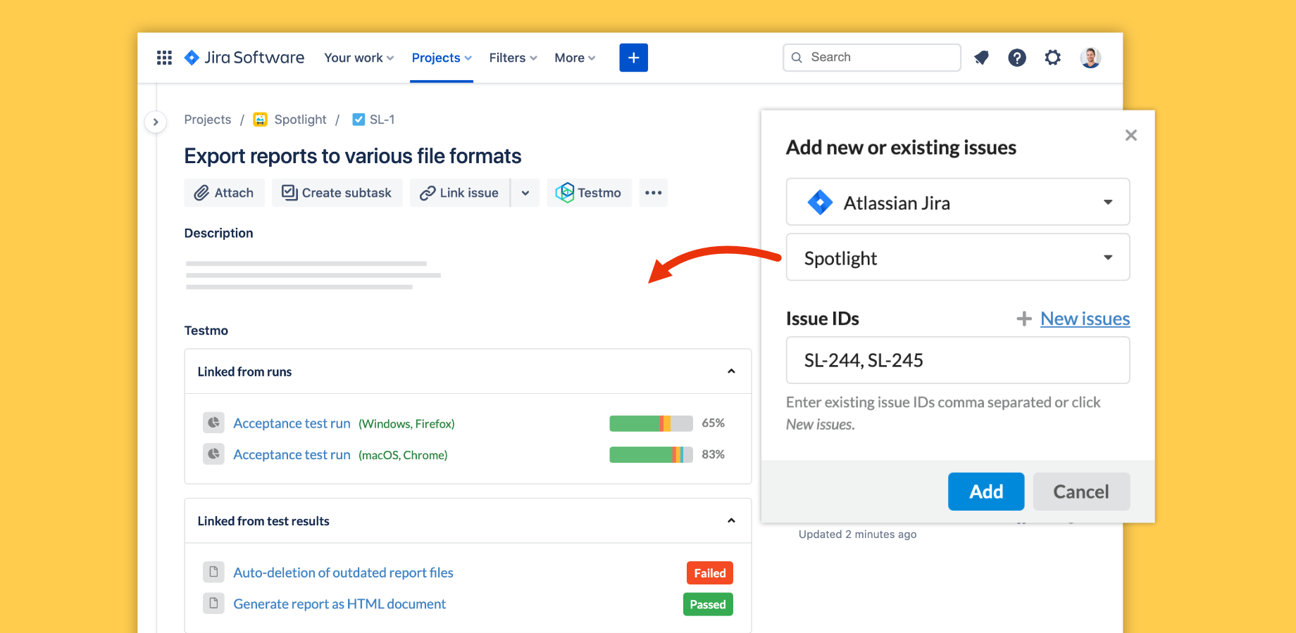 Full two-way Jira integration to push, link, look up and report issues in Testmo and inside Jira.
