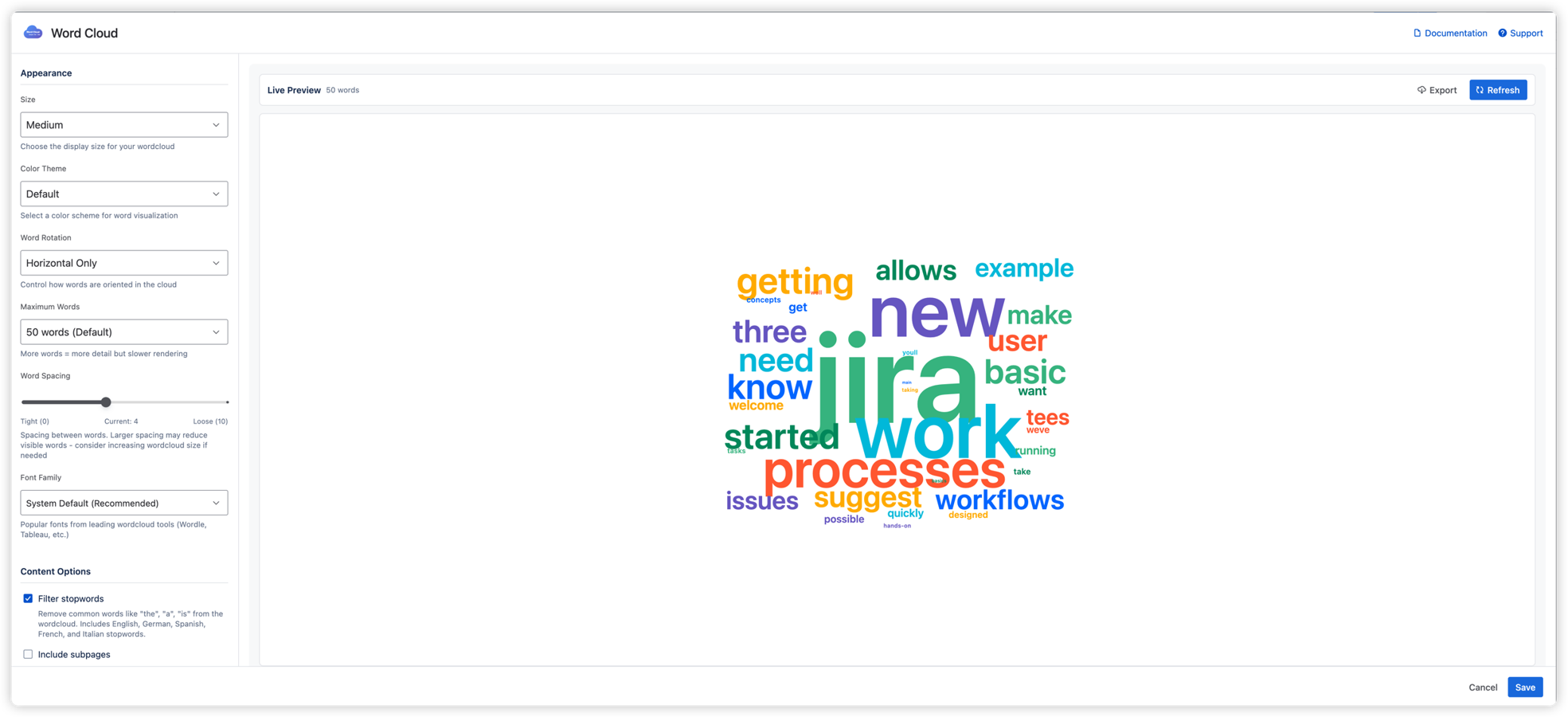 Configuration interface with live preview. Customize size, color themes, word rotation, and spacing. Left panel shows all settings, right panel displays real-time wordcloud preview with export options.