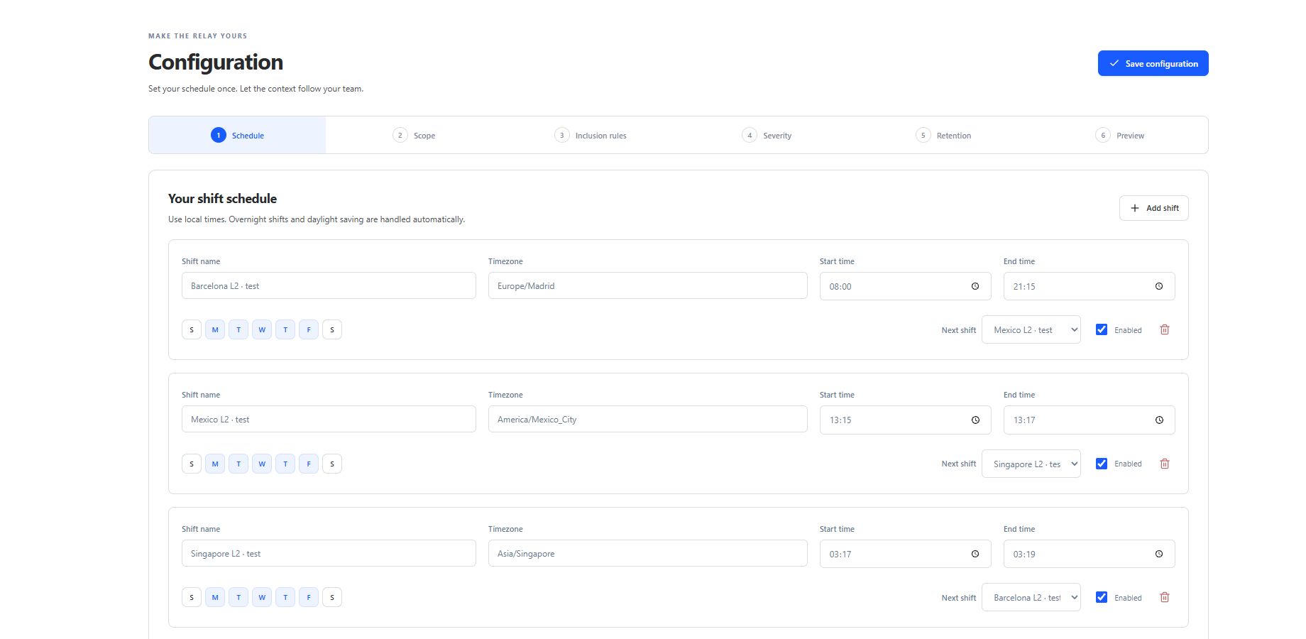 Linked test shifts in Madrid, Mexico City and Singapore, configured inside Jira.