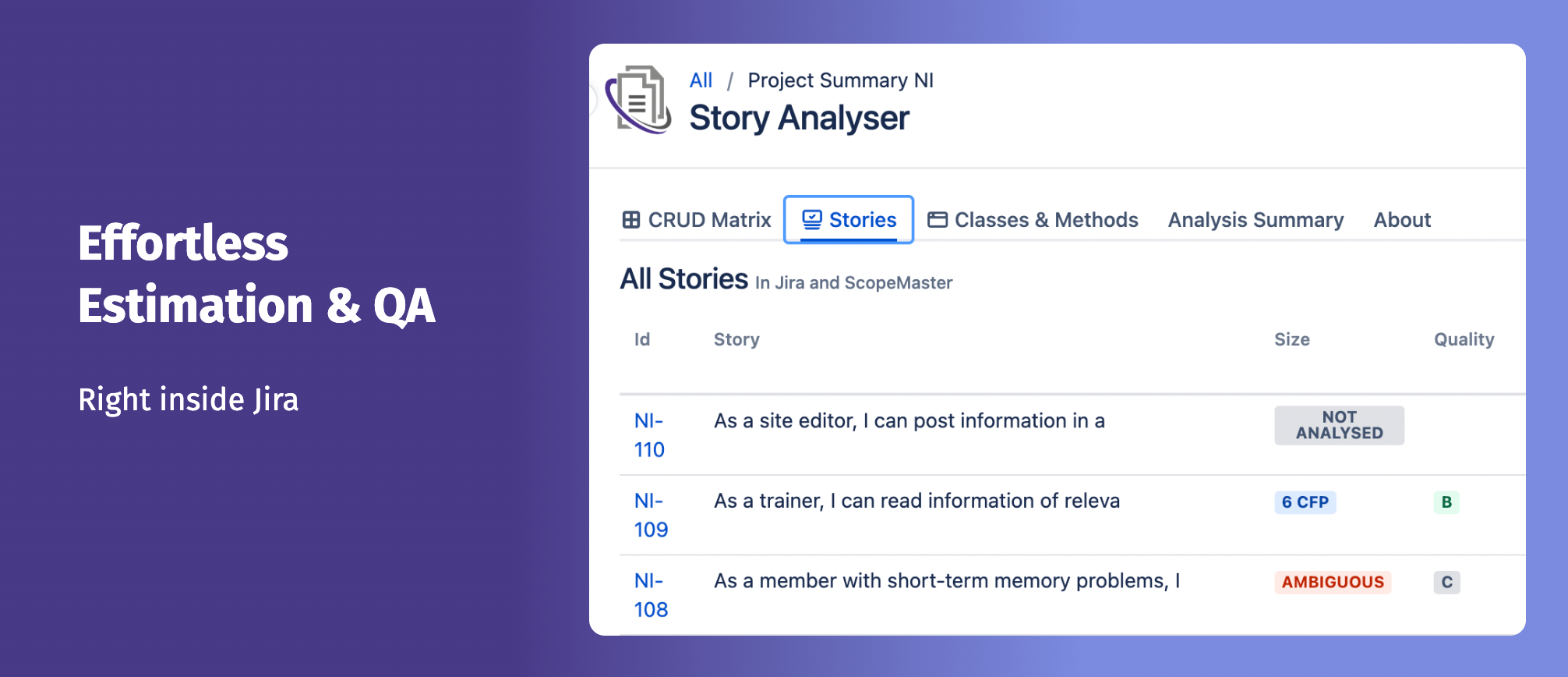 Automatically quality checks user stories.  It also determines ISO standard COSMIC Function Points, functional size, for better project metrics and real velocity calculation.