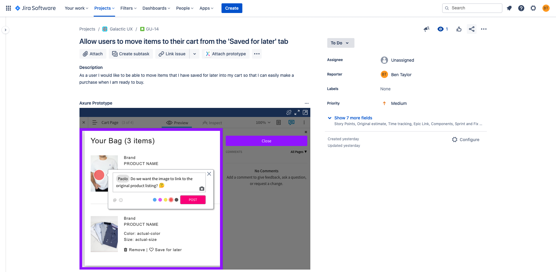 Streamline workflows and encourage discussions by commenting on embedded prototypes within Jira. Team members can be notified immediately on discussion activity.