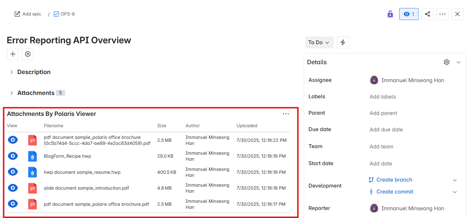 Polaris HWP Viewer In Jira Issue panel