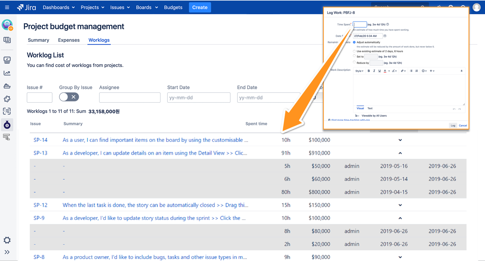 Worklog-based budget management