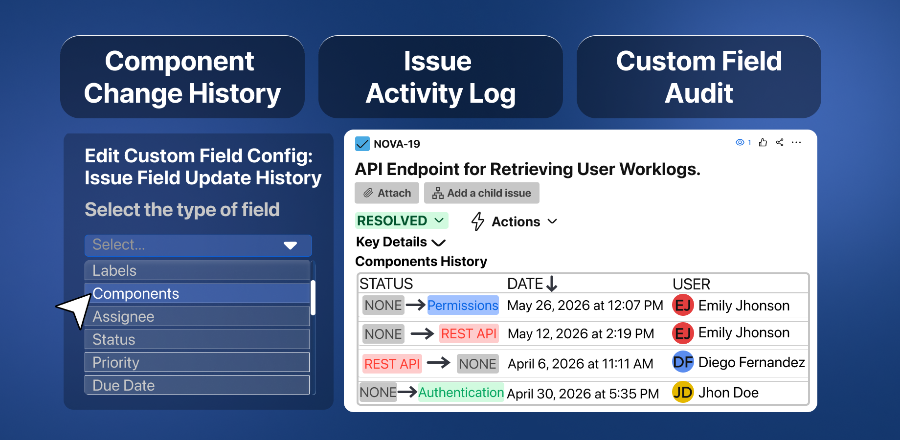 Components history table on the issue view showing field transitions with timestamps and user attribution.