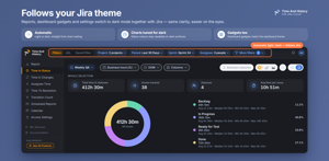 Dark mode is automatic: every report, dashboard gadget, the issue panel and every settings page switches with your Jira Cloud theme, and status colours stay readable in both. Nothing to configure.