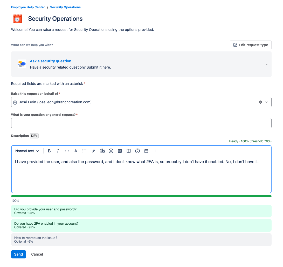 JSM portal create with Completa: the description is scored against user, password, and 2FA questions and marked Ready at 100 percent of a 70 percent threshold.