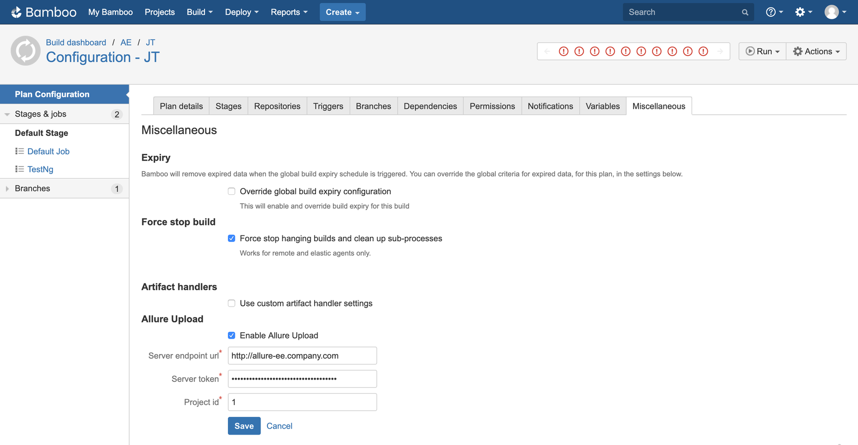 Allure EE integration setting on plan level
