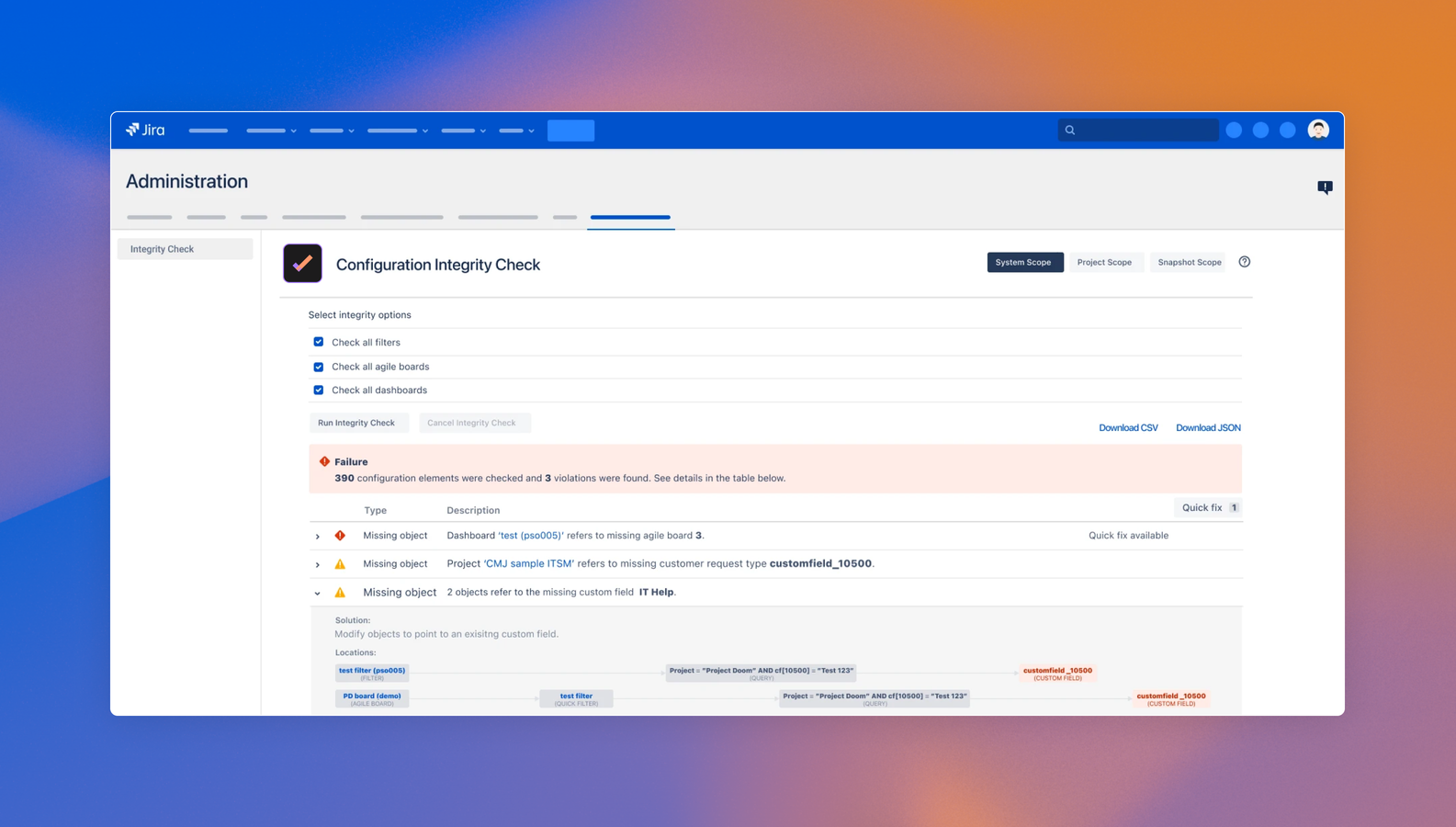 Easily detect errors in all Jira configuration elements and prevent them from making it to production. Use location paths to navigate directly to each error or apply all available quick fixes.
