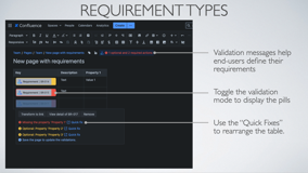 Requirement Types let space-administrators define rules and suggestions for their users. When inserting requirement types on a page, the full table is prepared with all its properties.