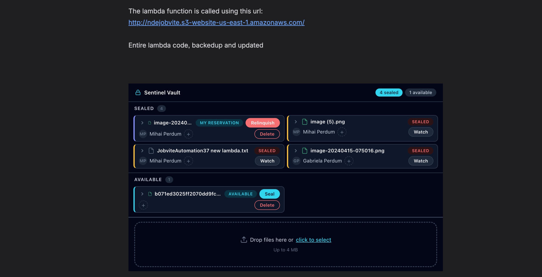 Inline panel with sealed and available attachments, seal controls, and upload zone