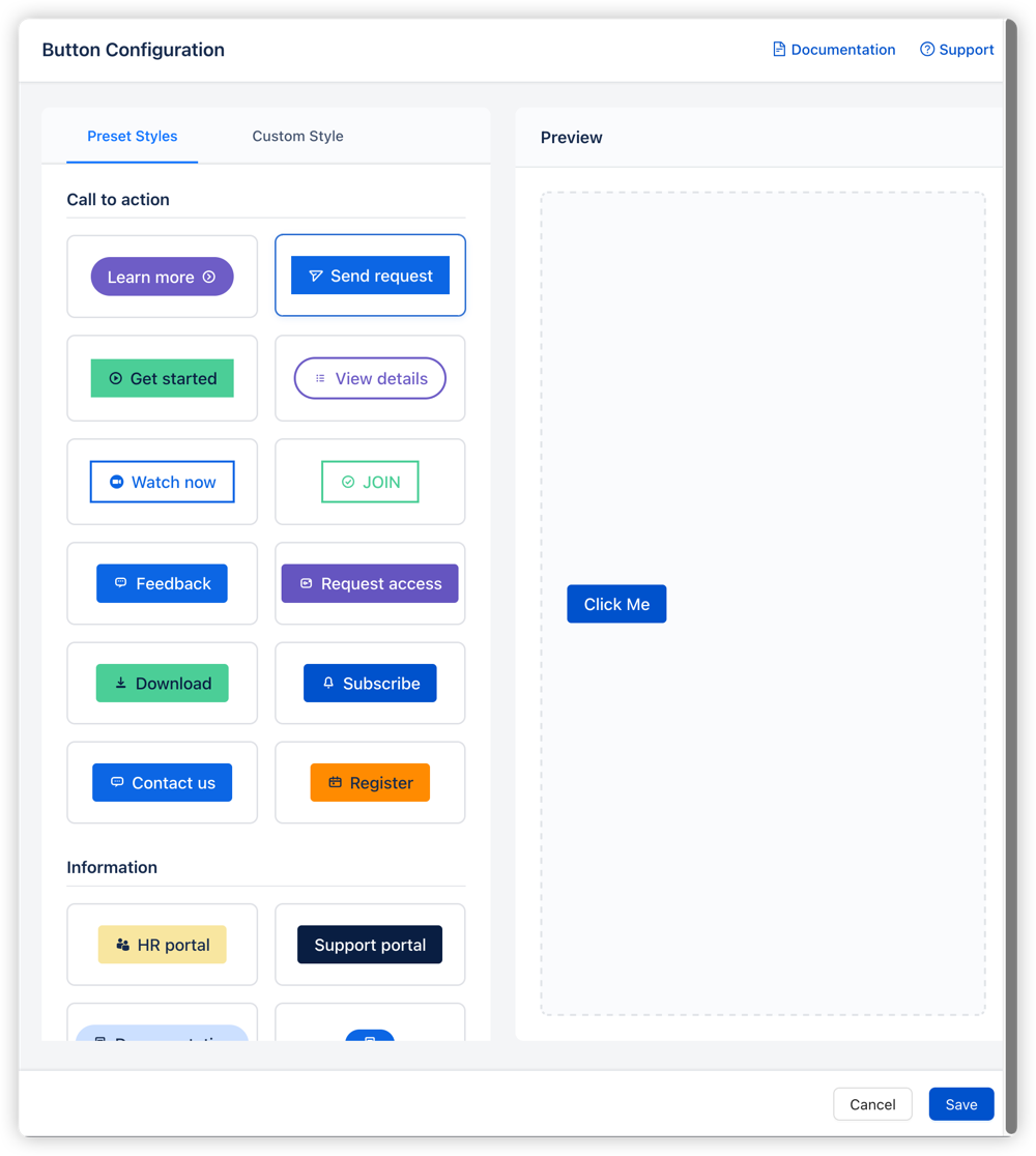 Button Configuration interface showing preset styles tab with multiple professional button templates organized by category. Real-time preview panel displays selected button appearance before saving.
