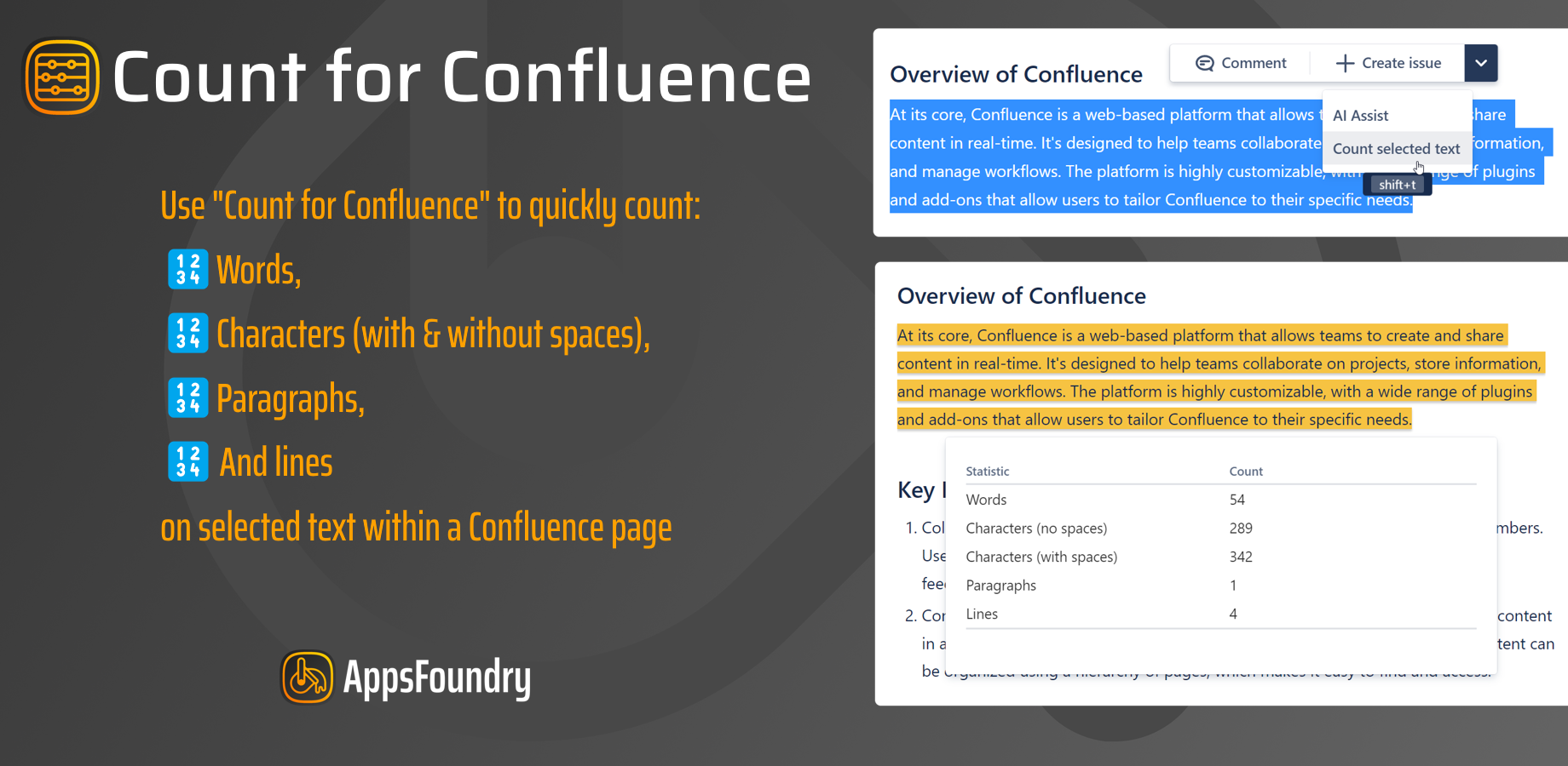 📊 Use "Count for Confluence" to quickly count words, characters (with & without spaces), paragraphs, and lines on selected text within a Confluence page.