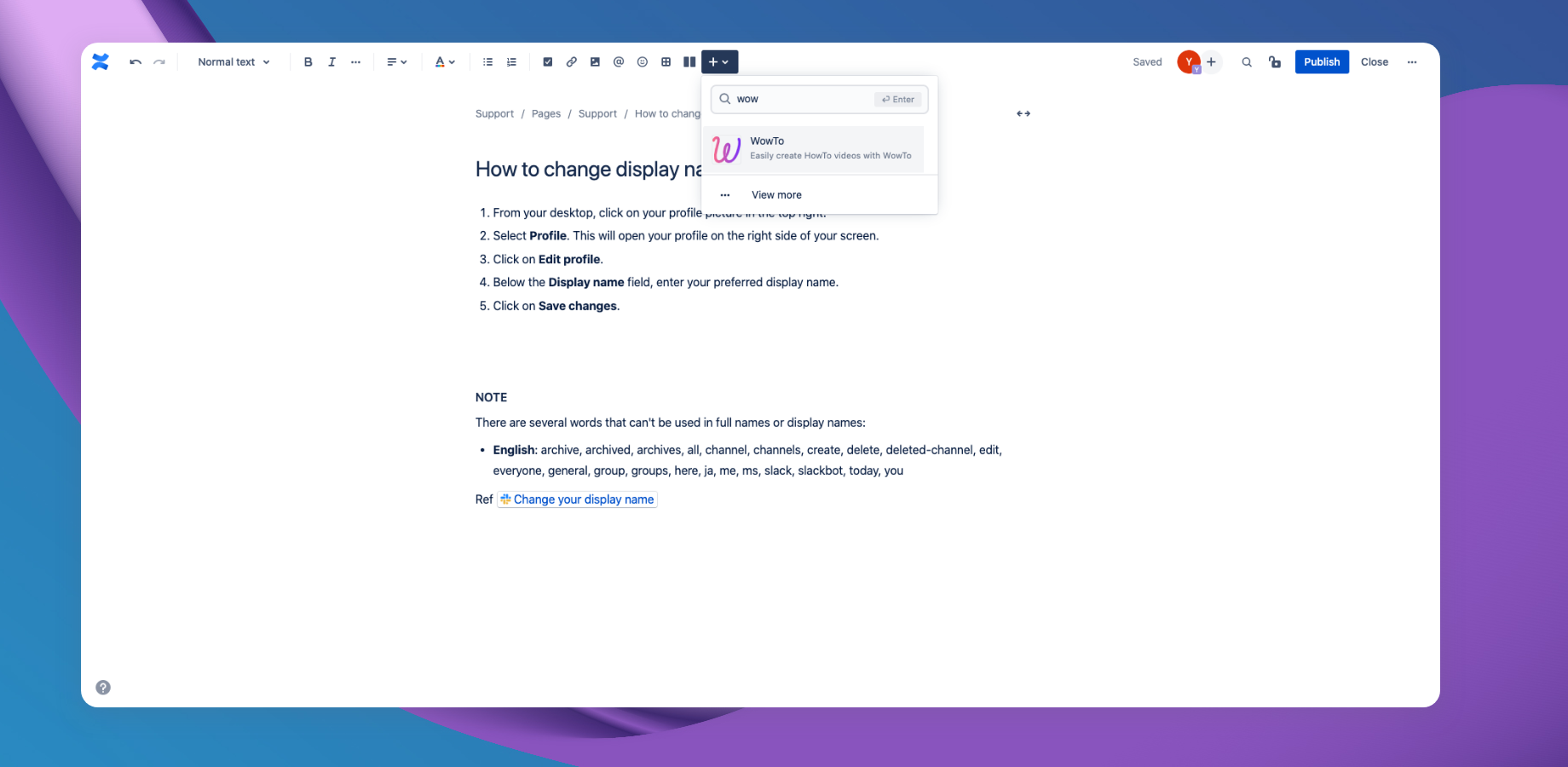 Open WowTo app inside Confluence